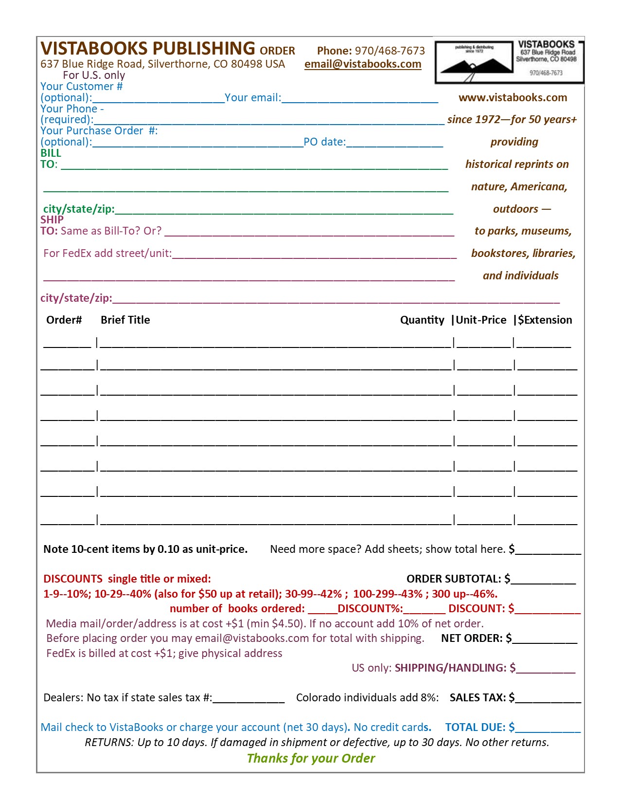 VistaBooks order form